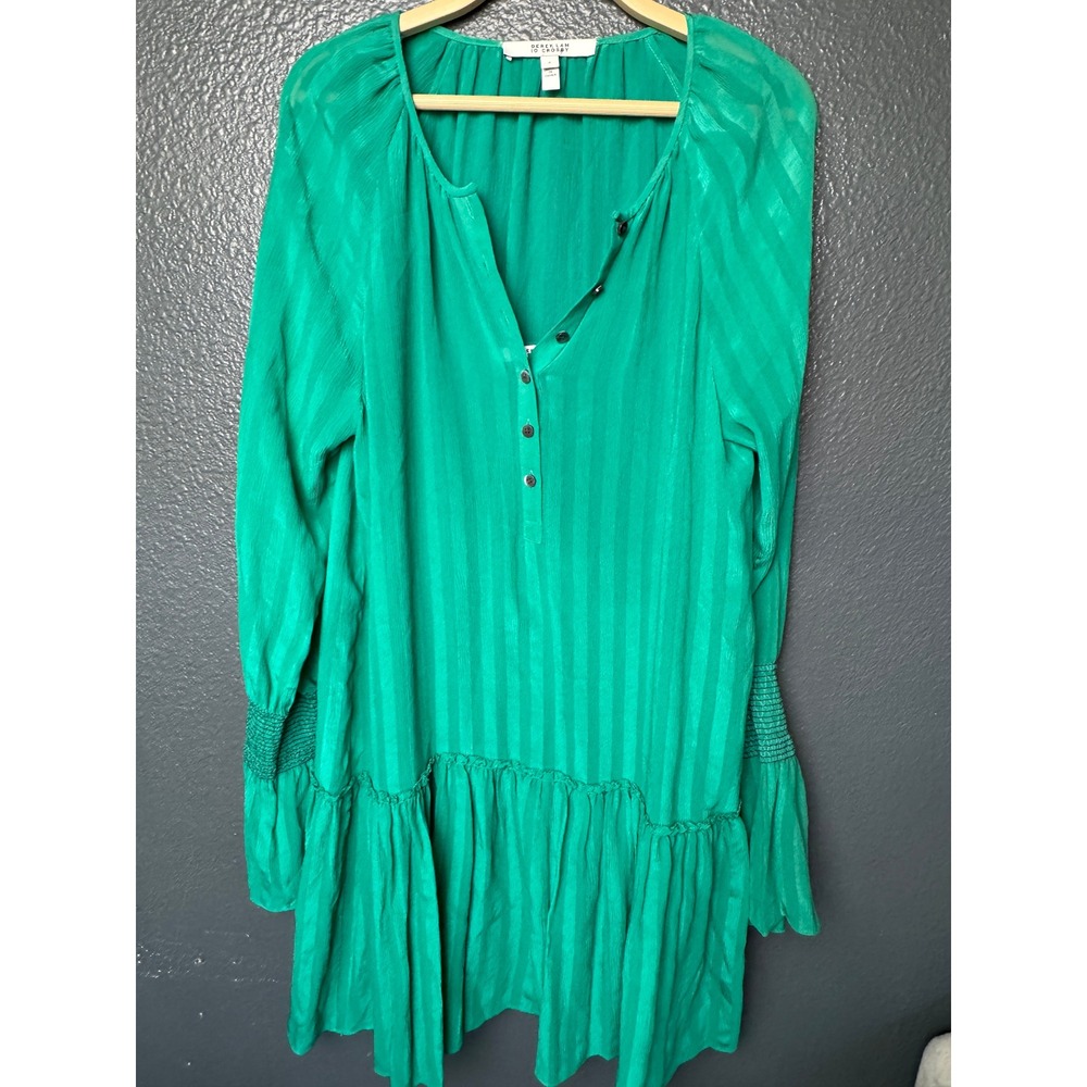 Derek Lam 10 Crosby 100% Silk Green Tiered‎ Mini Dress Smocked Sleeves Size 4